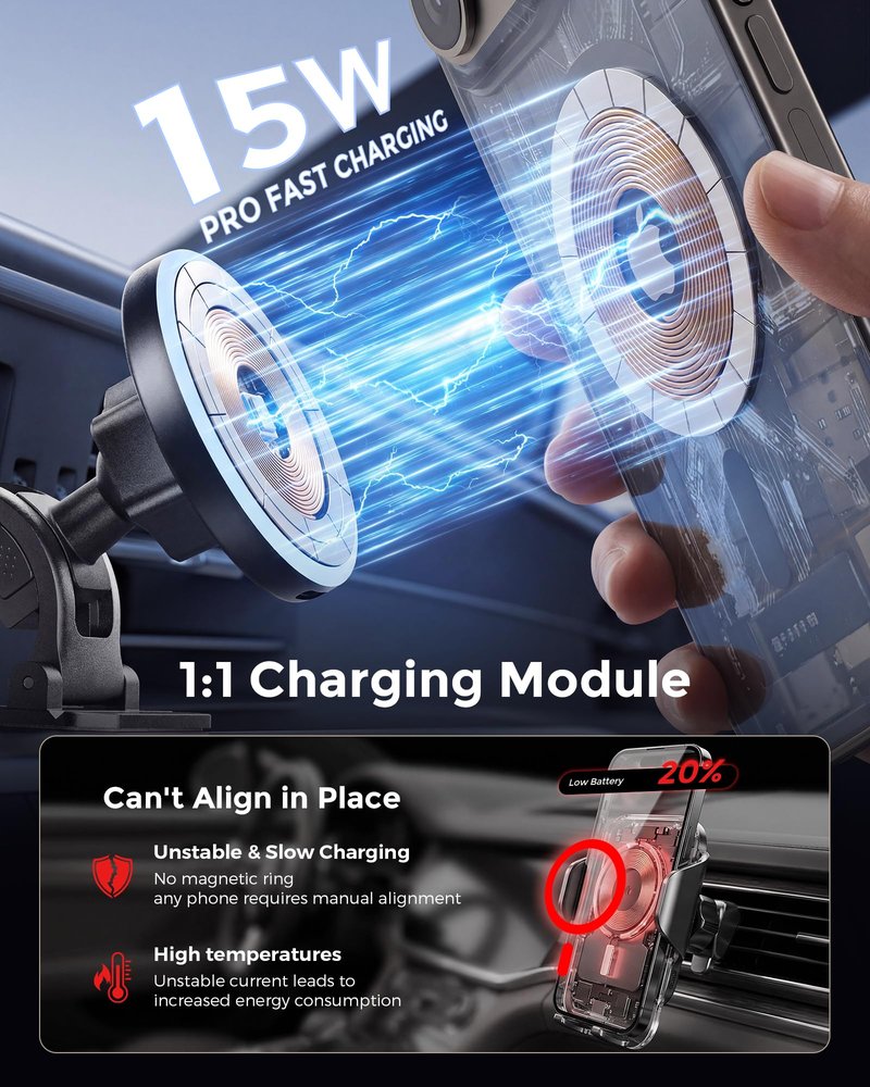 Estbuc 2-in-1 15W Magsafe Car Mount Charger, Magnetic Wireless Car Charger, 360° Dashboard & Air Vent Phone Mount, Phone Holders for Your Car, Car Accessories for Men Women for iPhone 17-12