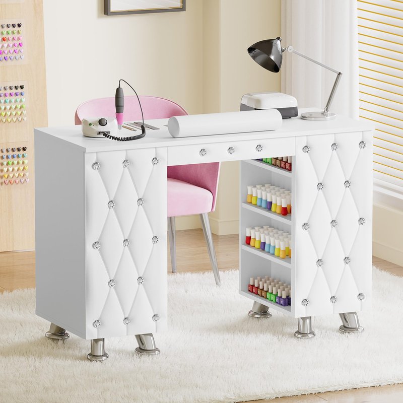Kikihouse Manicure Table, Nail Desk w/Dust Collector & Wrist Rest, Nail Salon Station Acetone Resistant Workstation w/Drawers, Cabinet, White Leather Pad with Diamonds