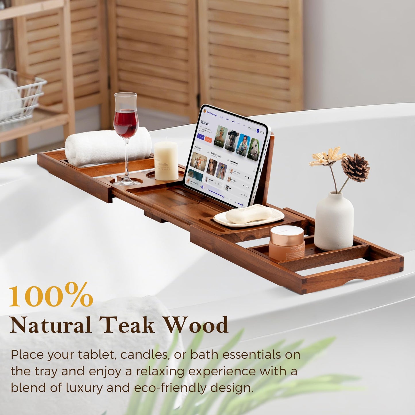 Teak Bathtub Tray for Tub, Expandable Bath Tray 28–40in, Foldable Bathtub Caddy with Wine Glass Holder, Phone & Book Stand, Wooden Bath Tray Organizer, Luxury Bathroom Accessories Gift - Light Walnut