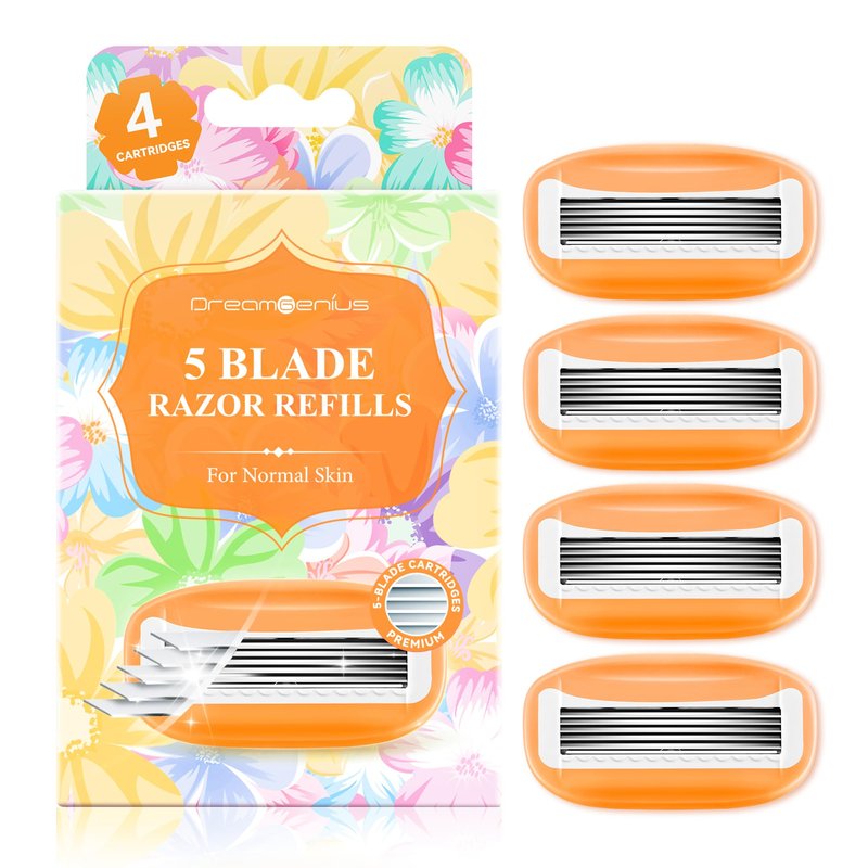 DreamGenius Women’s Razor Blades Refills Include 4 Cartridges, Extra Smooth 5-Blade Travel Razor Refills for Comfort Shaving, Orange