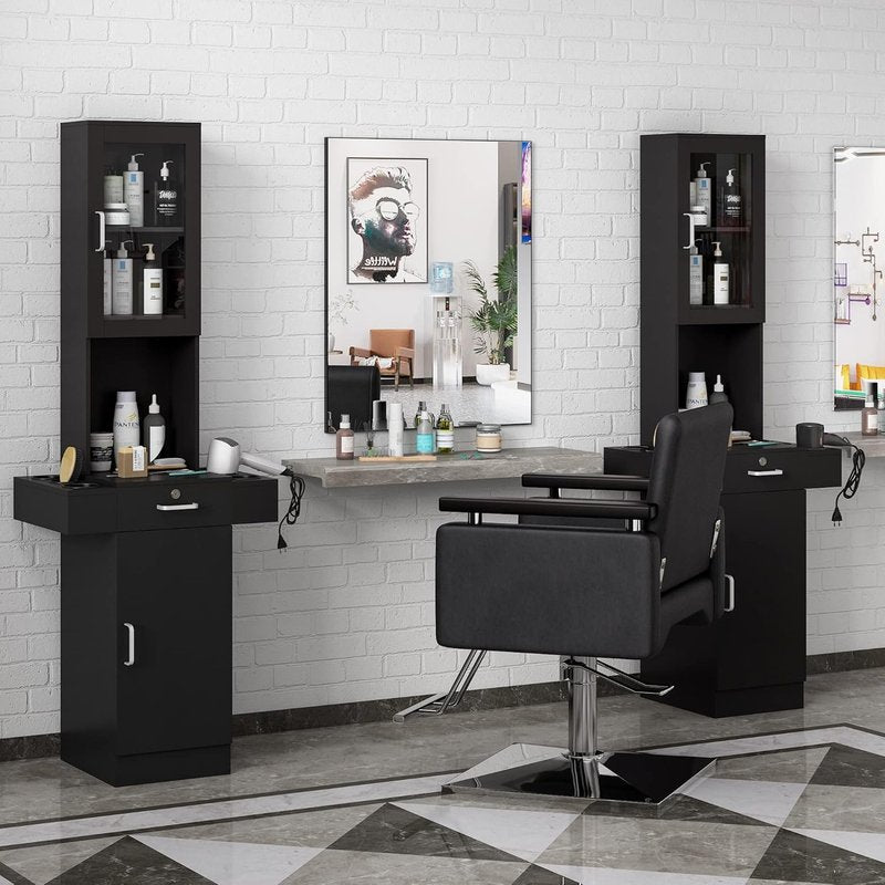 Hair Styling Organizer Station - Professional Salon Equipment with Glass Door | 6 Tool Holders & 2 Storage Cabinets - Black