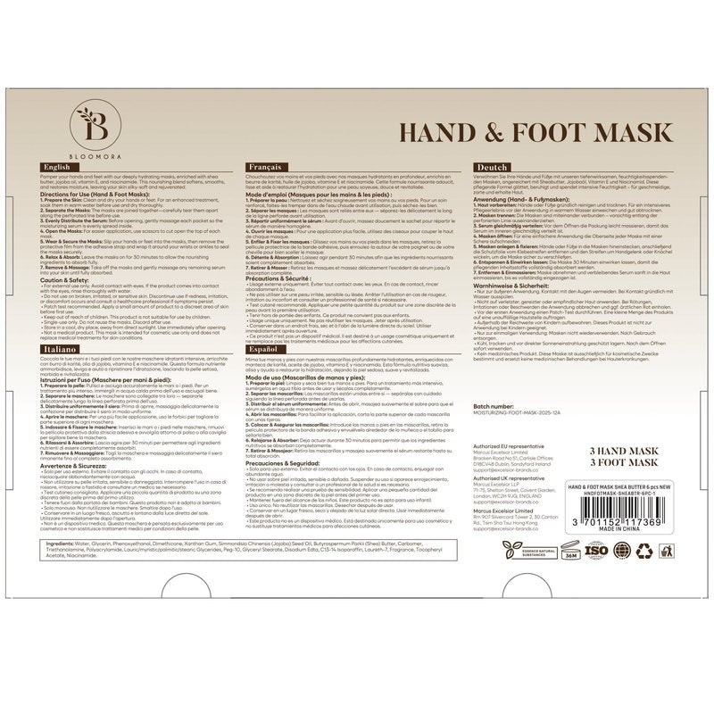 BLOOMORA Moisturizing Hand & Foot Mask Set with Shea Butter, Jojoba Oil & Vitamin E, Foot Mask for Dry Cracked Feet & Hand Moisturizer Gloves, 3 Hydrating Socks, 3 Moisturizing Gloves (3 pairs each)