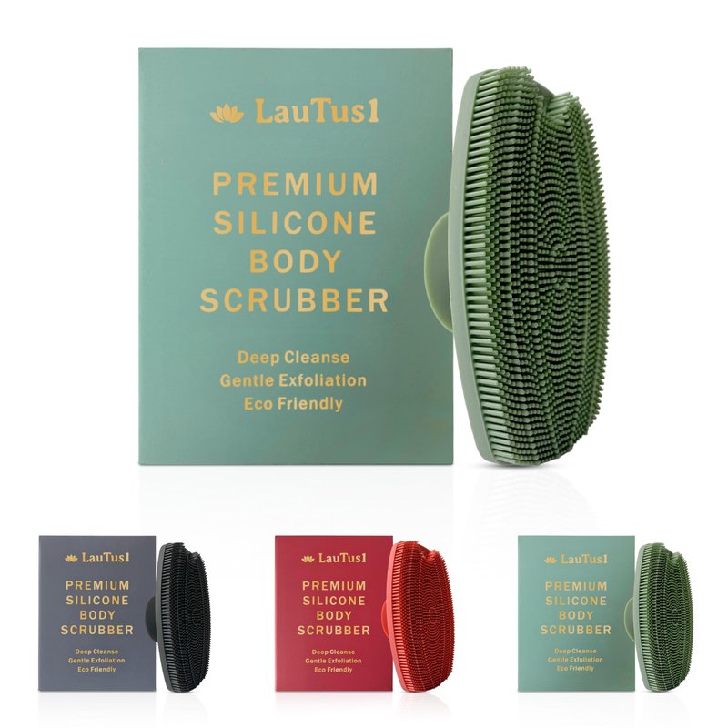 LauTus1 Silicone Body Scrubber — Suction Cup Mount & Hook, Gentle Exfoliating Shower Brush, Soft Loofah Alternative for Men, Women & All Skin Types — Sage Green
