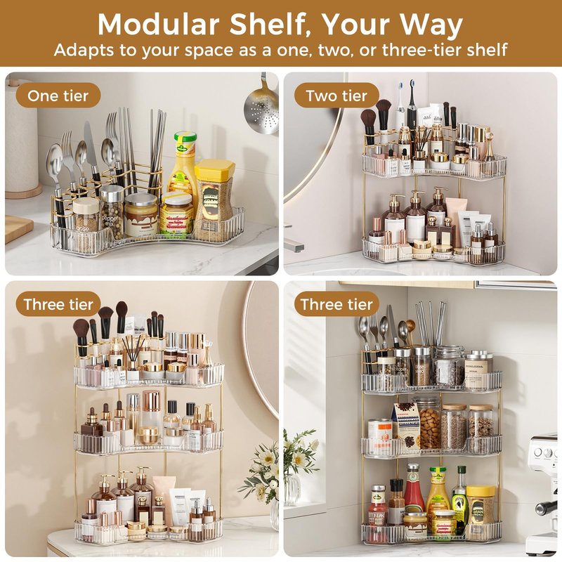 BEFSOP Corner Bathroom Counter Organizer, Upgraded 3-Tier Makeup Organizer Countertop with Makeup Brush Holder, Skincare Exquisite Vanity Organizers Countertop Bathroom Storage Dresser(CLEAR)