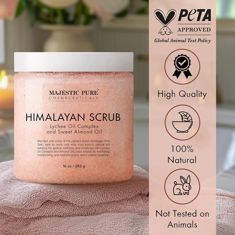 Himalayan Salt Body Scrub with Lychee Oil - Exfoliating & Moisturizing 10 oz