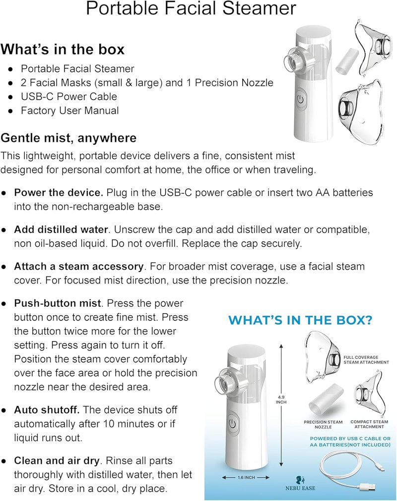 Nebu Ease Portable Facial Steamer - Handheld Rechargeable Mist Device with Dual Output Levels | Compact Travel Design