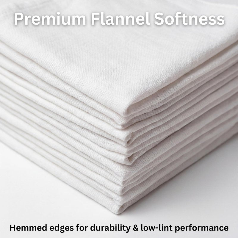 Huck & Terry White Flannel Cotton Rags, 12-Pack, 100% New Material, Multipurpose, Super Absorbent, Low Lint, Washable, Reusable
