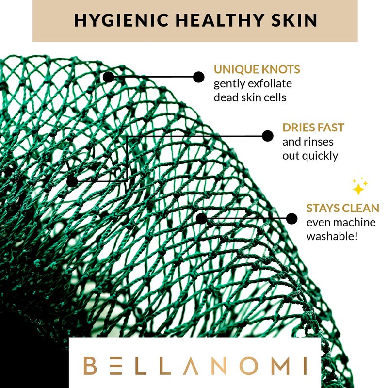 BELLANOMI 4 Piece African Exfoliating Net Sponge Long African Bath Sponge, Authentic Ethically Sourced from Nigeria, Great for Daily Use (Copper Brown, Orange, Green, Yellow)