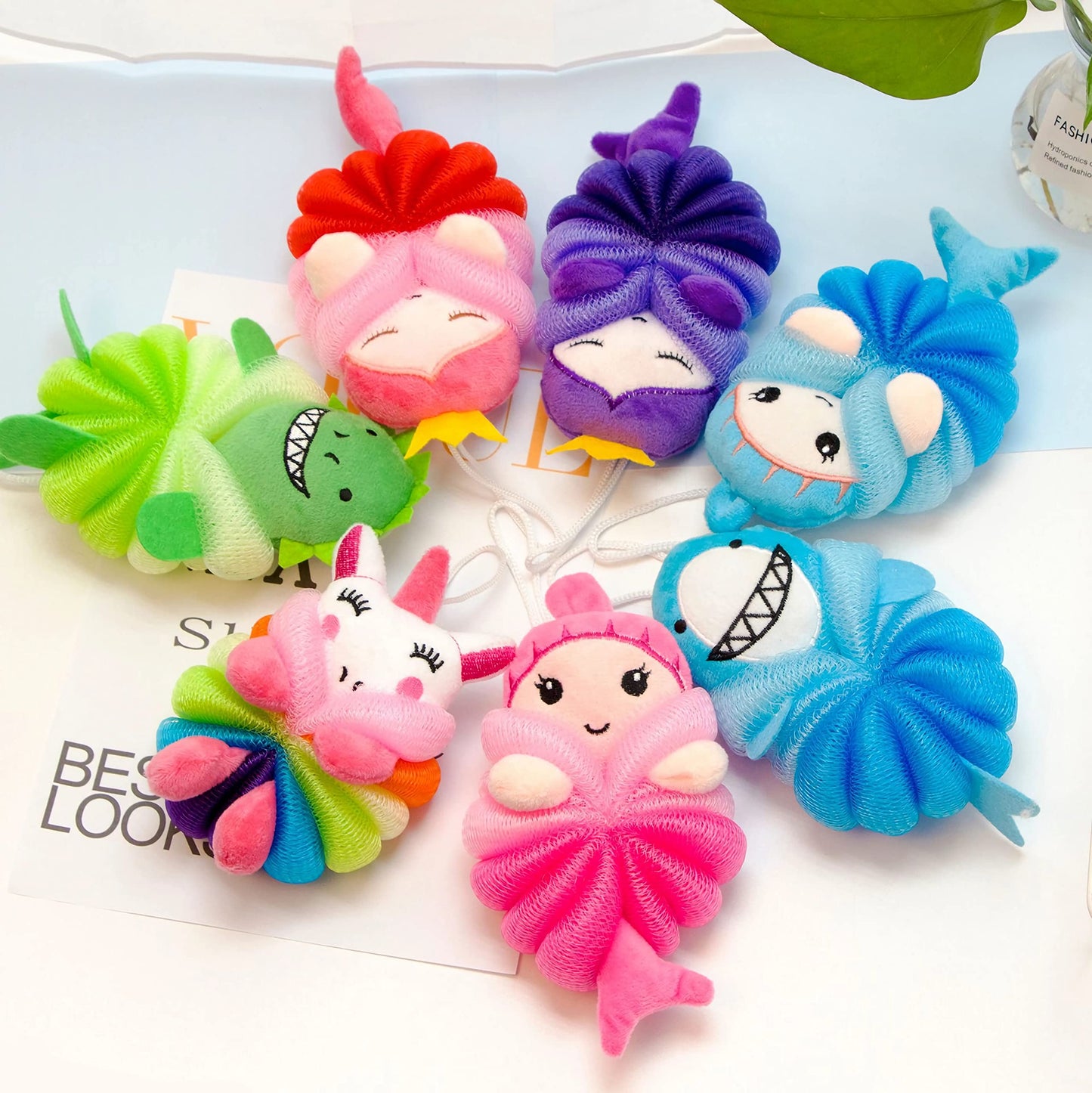 MURRI&MURRDI 3 Pack Kids Cartoon Bath Sponges - Cute Animal Shower Poufs for Toddlers, Gentle Exfoliating Body Scrubber & Mesh Loofah Gift Set for Boys Girls