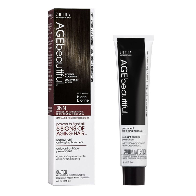 AGE beautiful Permanent Hair Color Dye Liqui Creme | 100% Gray Coverage | Anti-Aging Haircolor | Biotin for Thicker, Fuller Hair | Professional Salon Coloring | 3NN Darkest Intense Brown