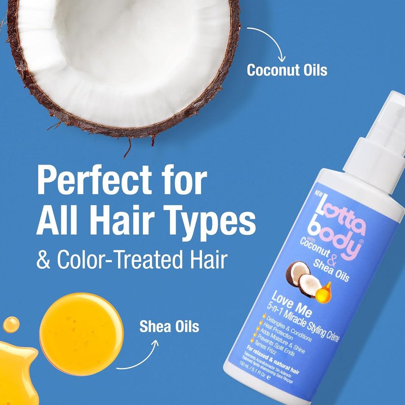 Lottabody Love Me 5-in-1 Leave-In Treatment - Lightweight Coconut & Shea Oil Spray for Moisture, Shine & Frizz Control | 5 oz