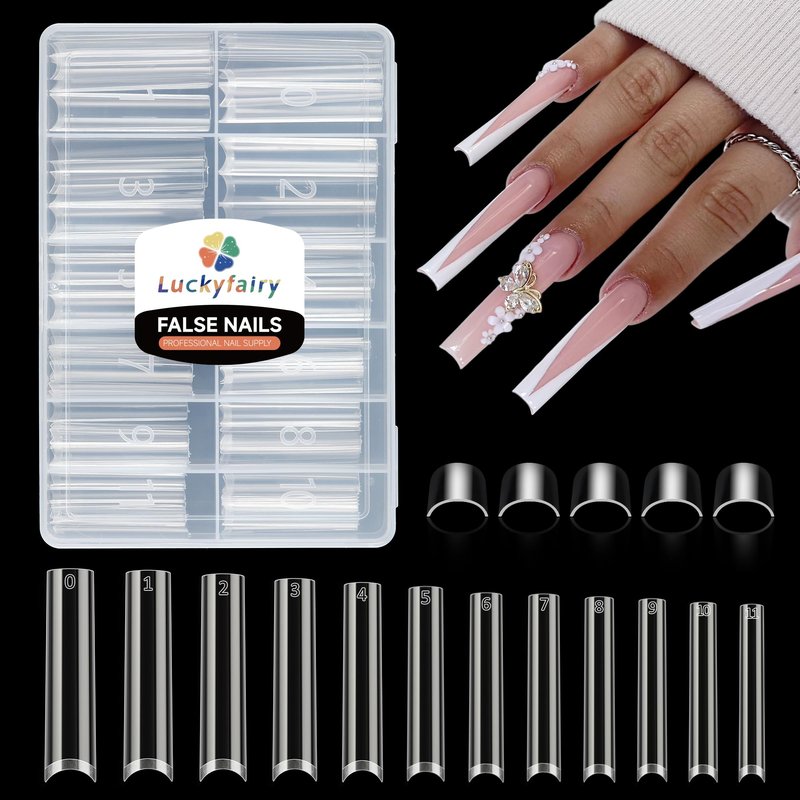 Luckyfairy 3XL No C Curve Square Acrylic Nail Tips, 120pcs Extra Long Straight Tapered Acrylic Gel Fake Nails, Matte Half Cover Clear Gelly Press on for Extension Manicure Home DIY 12 Sizes Gelly Tips