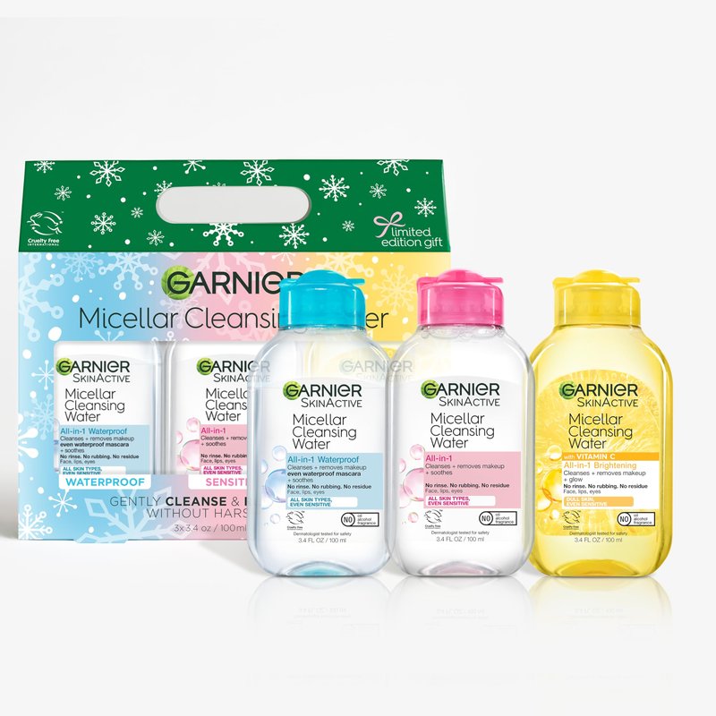 Garnier SkinActive Micellar Holiday Skincare Gift Set, Includes 3 Travel Size Micellar Water Formulas, Includes 100ml Original, Waterproof and Vitamin C Formulas, 1 Kit