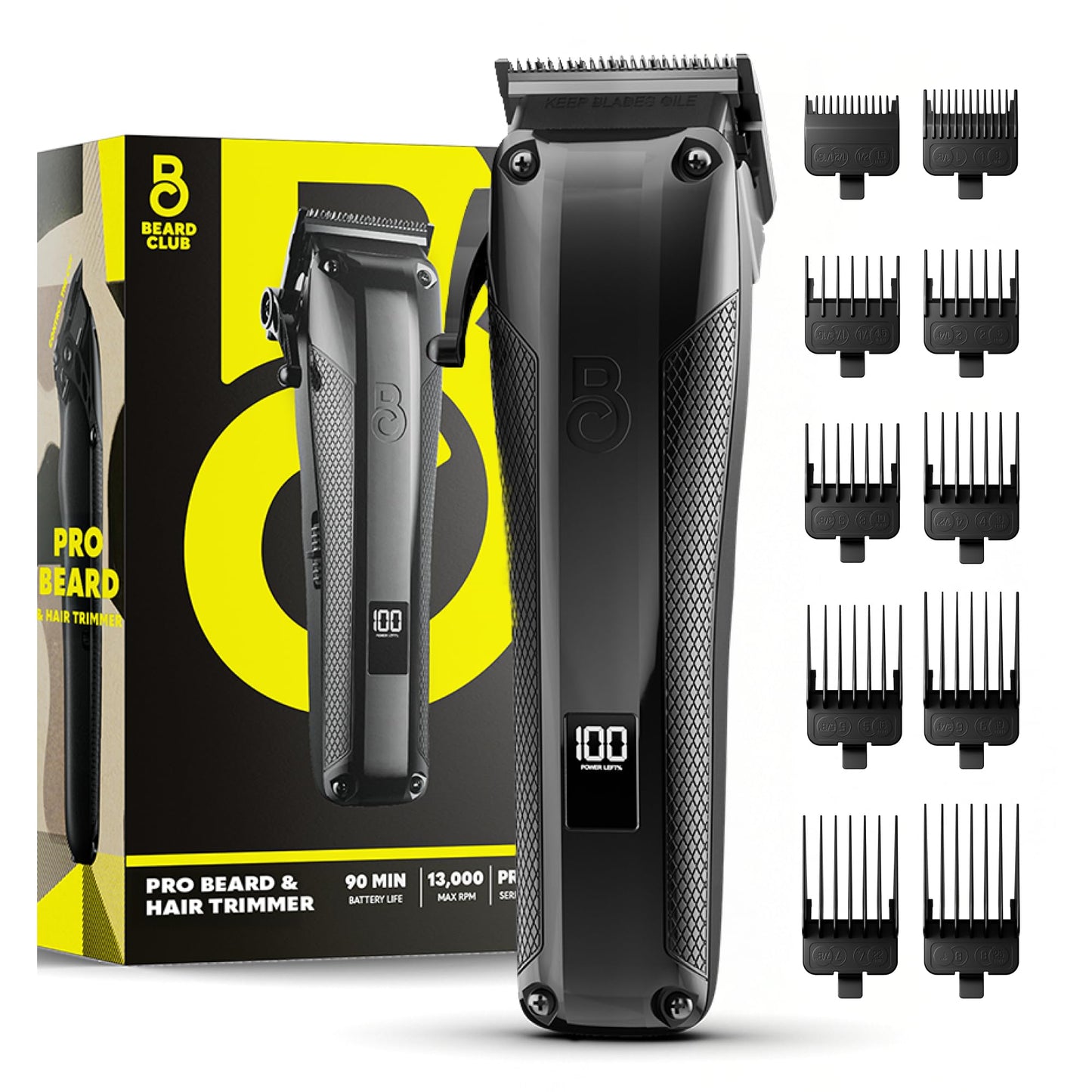 The Beard Club Pro Beard Trimmer for Men - Professional Men's Hair Trimmer for Barbers - Electric Cordless Rechargeable High Power 13,000 RPM - 10 Guides - Taper Lever - Diamond Like Carbon Blades