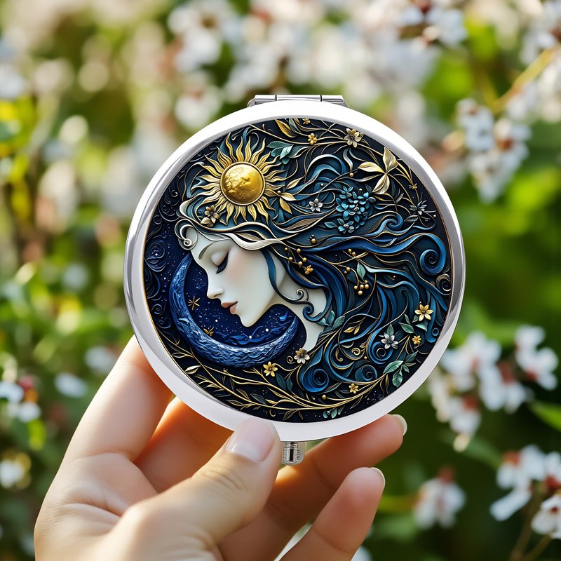 Silver Compact Mirror, 2.8x2.8inch Double-Sided Folding Makeup Mirror with Sun Moon Goddess Design, Ideal Gift for Women
