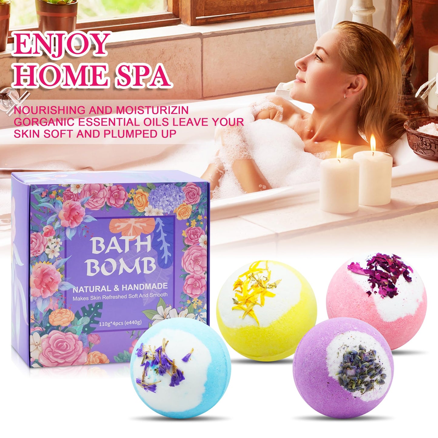 Bath Bombs for Women Relaxing-4 Natural and Organic Bath Bombs with Essential Oils & Moisturizing Shea Butter,Gifts for Her, Girls, Wife, Birthday and Christmas