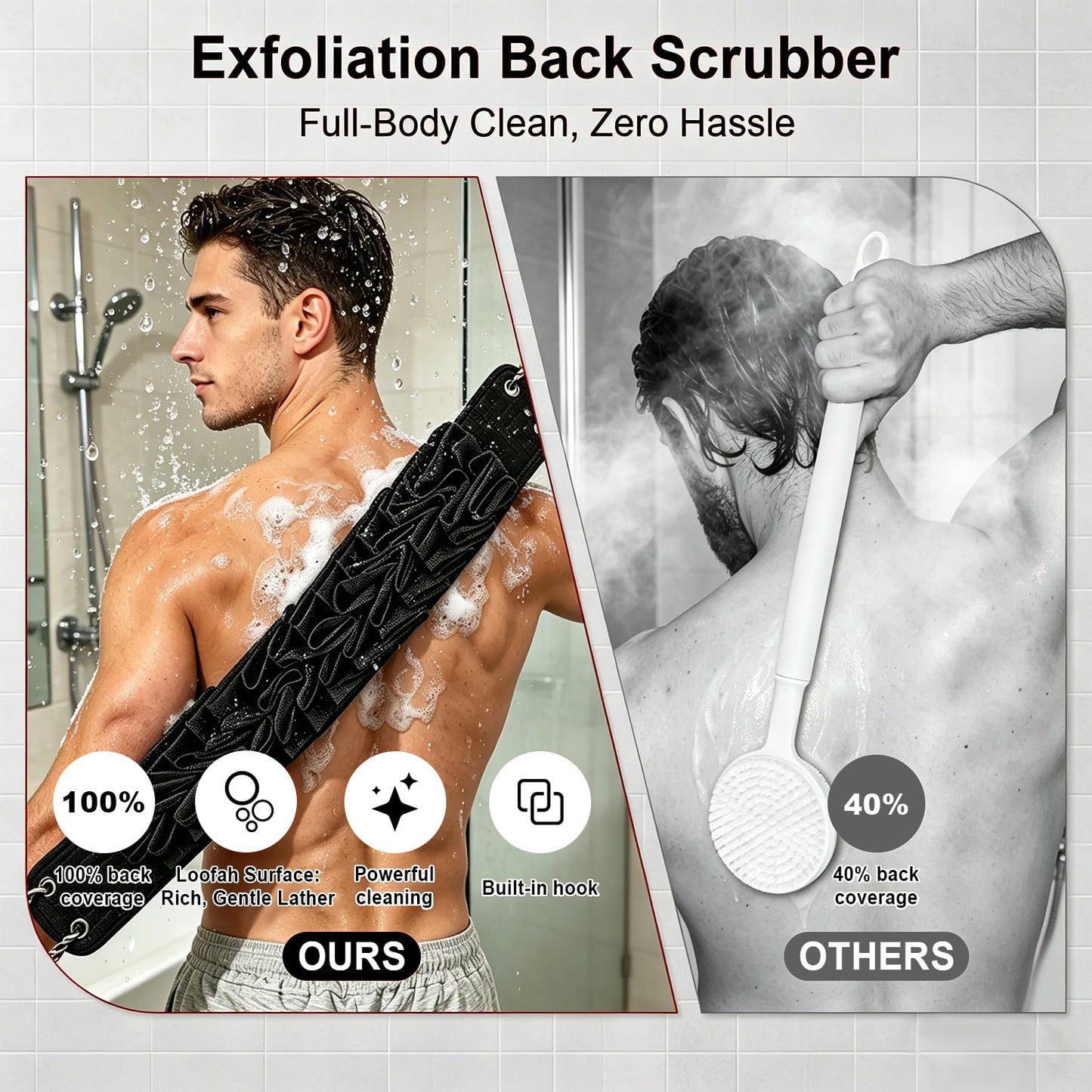Dual-Sided Back Scrubber for Shower, 2-in-1 Reinforced Exfoliating Washcloth with Handle, Durable Deep Cleansing Body Exfoliator, Back Washer Bath Essentials for Men, Women & Elderly
