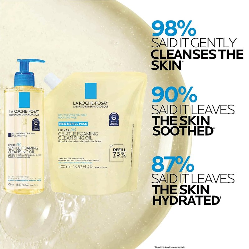 La Roche-Posay Lipikar AP+ Gentle Foaming Cleansing Oil - Hydrating Face & Body Cleanser with Niacinamide, Fragrance-Free