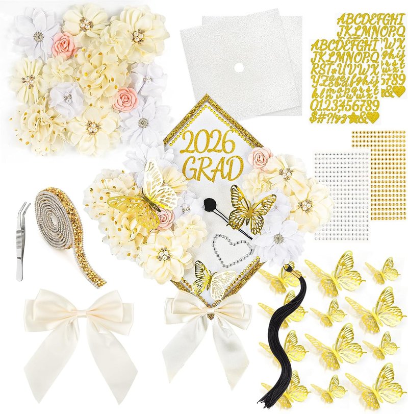 Graduation Cap Decorations Kit 2026 DIY Cap Decorations 36PCS Included Fake Flowers Heads Bow 3D Butterfly Self Adhesive Rhinestones Stickers Alphabet Letter Stickers for Grad Party Decor, White