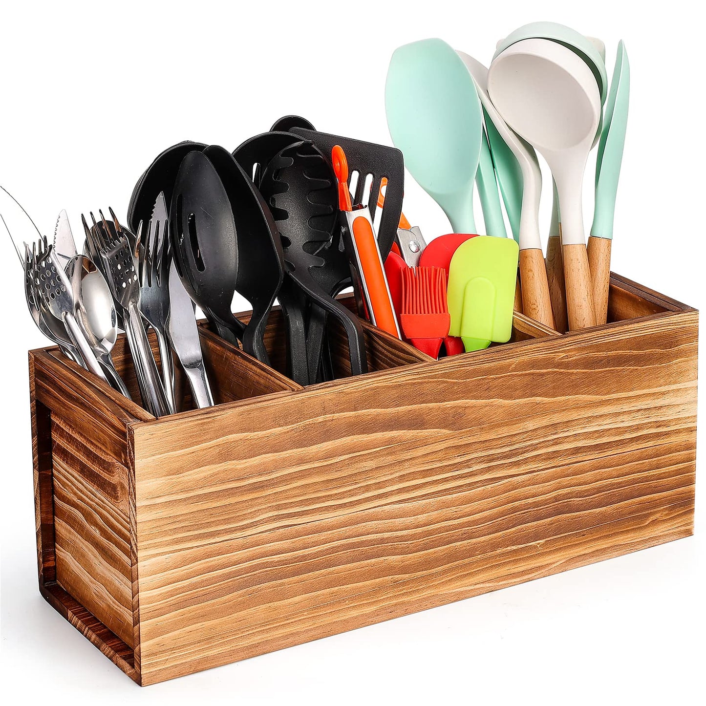Yumkfoi Extra Large Utensil Holder, 4 Sections Wooden Utensil Organizer for Countertop, Rustic Utensil Caddy Crock Counter Organizer and Cooking Tools Storage