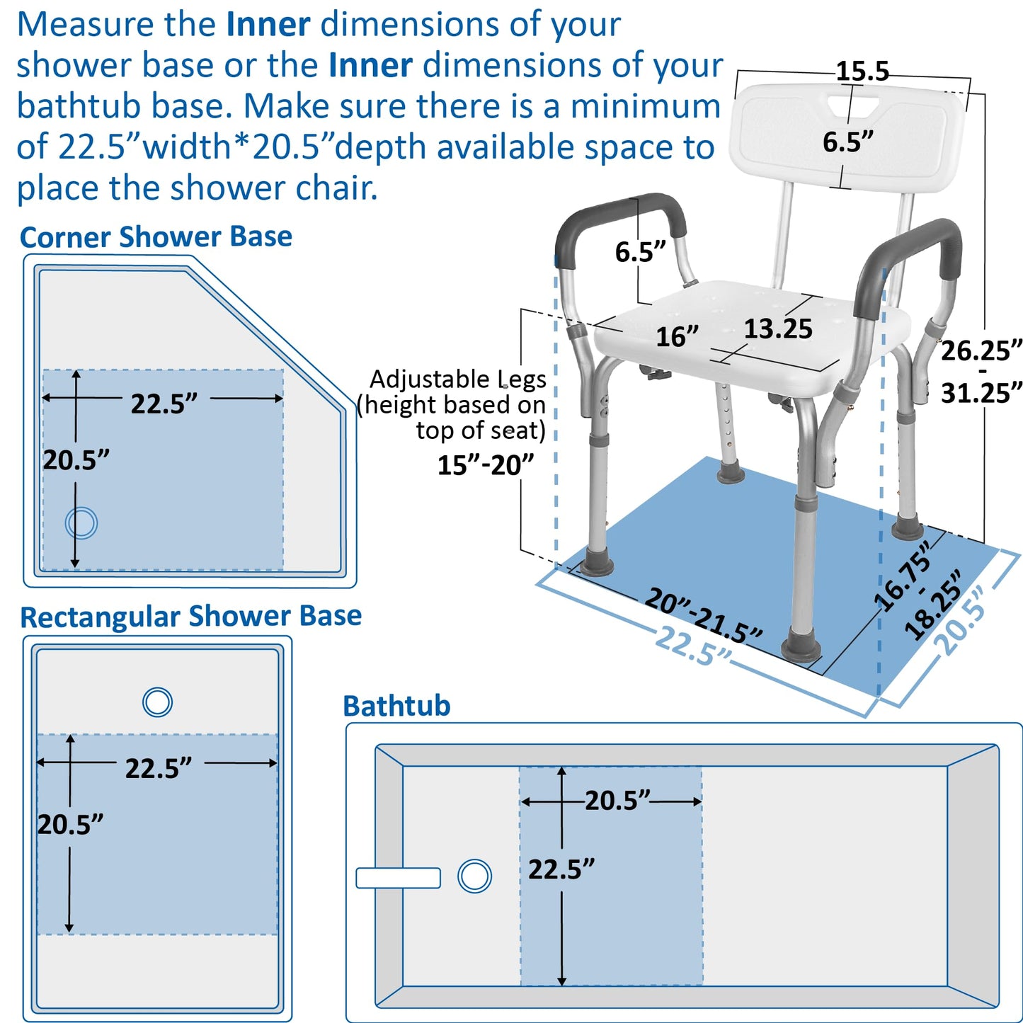 Vaunn Medical Deluxe Spa Shower Chair with Arms and Back, Bath Seat for Seniors, 350 lbs Max Weight, White With Light Gray Arms