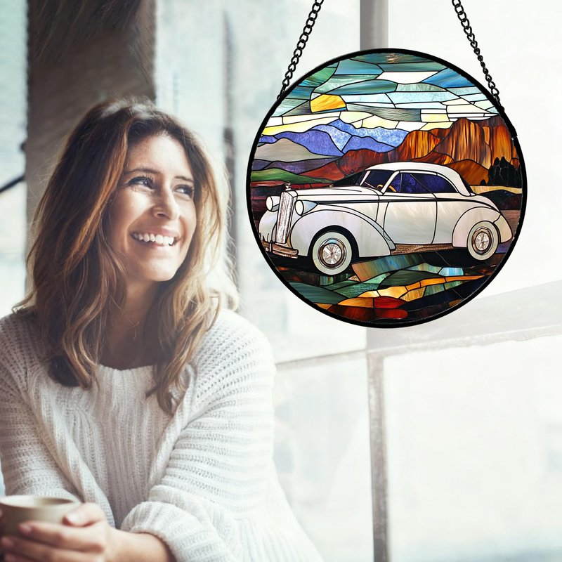 QZQCBLC Stained Glass Window Hanging Retro Desert Car Landscape 6.3" - White Suncatcher Door Terrace Garden Home Decor Birthday Christmas for Mom Men Woman Friend Nana Wife