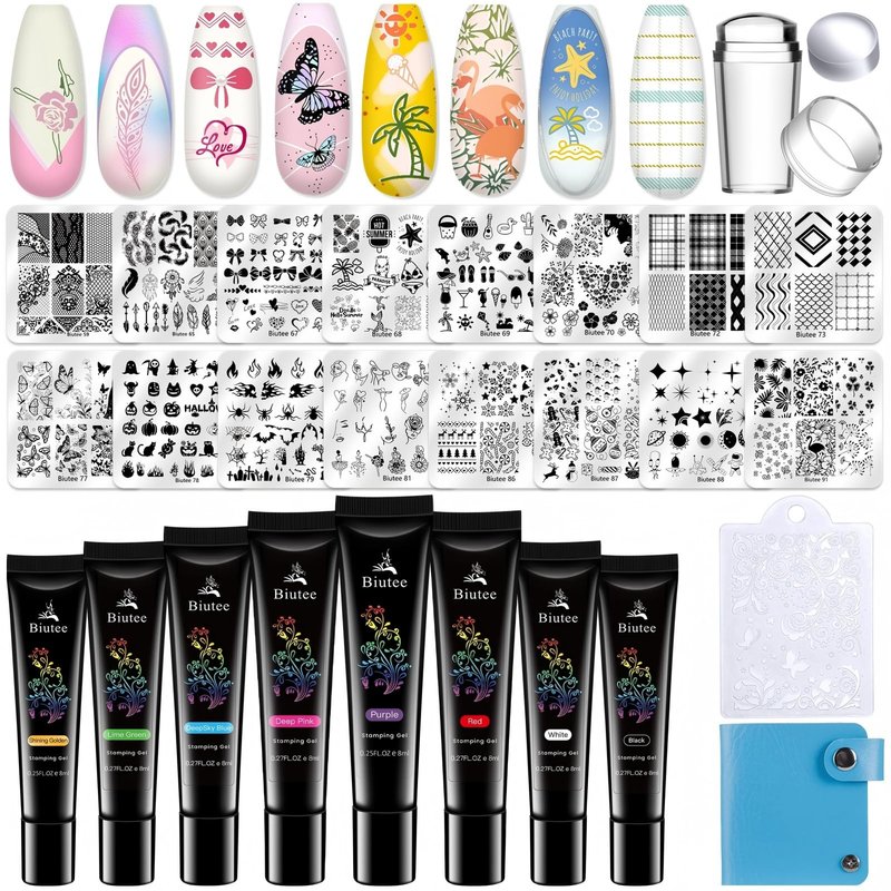 Biutee Nail Stamping Kit 12Pcs Nail Art Stamp Plates 8 Colors Stamping Polish Gel Silicone Stamper Scraper with Storage Bag, Nail Stamping Plate Lace Star Rose Plaid TemplateHoliday Design Gift