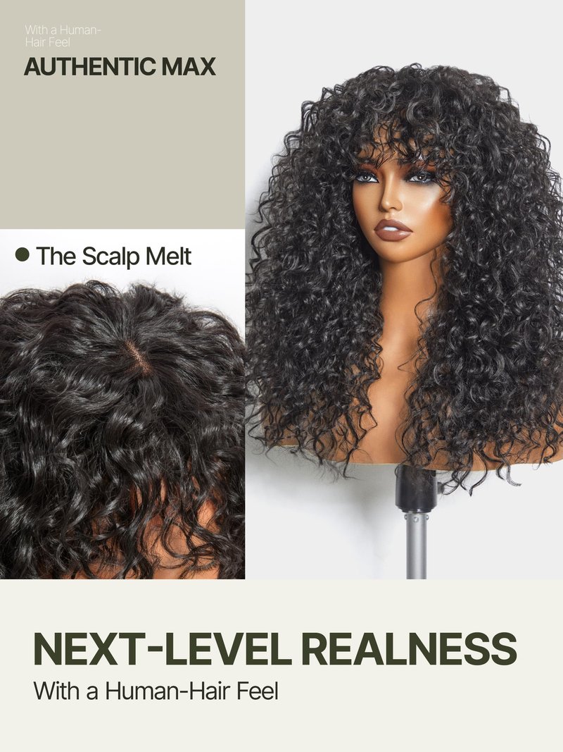 Frodio Veralux Fiber Blend Human Hair 20 Inches Shaggy Curl with Bangs Wig 200% Density Wigs Natural Black Ready to Go Glueless Wig for Women Realistic Look with True Scalp