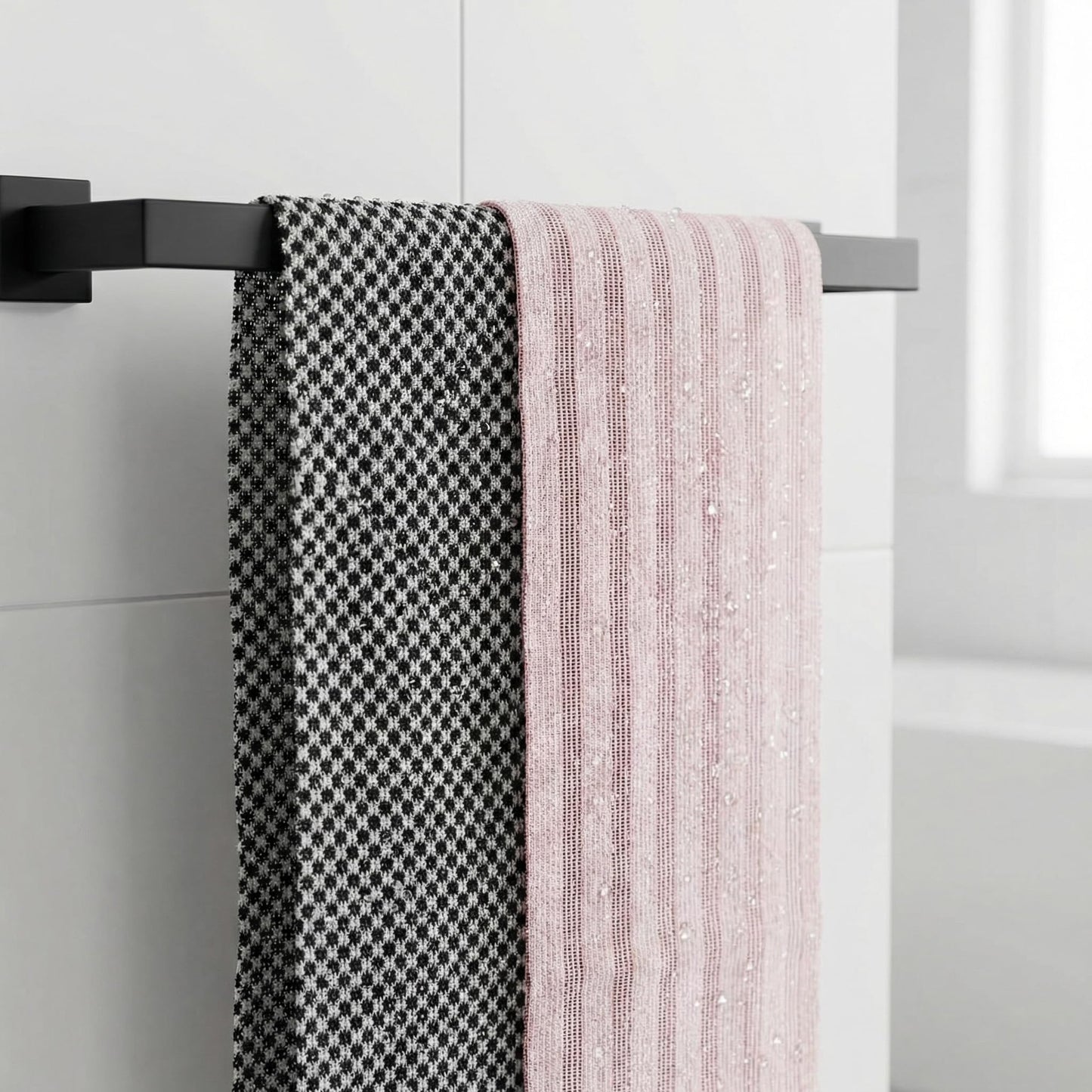 Thourevl Dual-Sided Exfoliating Shower Towel with Extra-Long Handle, Premium Body Scrubber for Back Exfoliation，Black and Pink (2-Pack)