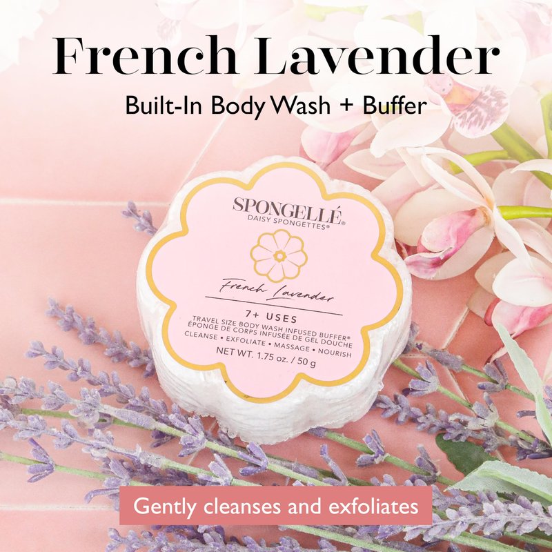 Spongellé French Lavender Daisy Spongette Bath Sponge | Built-in Body Wash & Body Scrubber, Shower Loofah Sponge for Women, Travel Essentials | 7+ uses