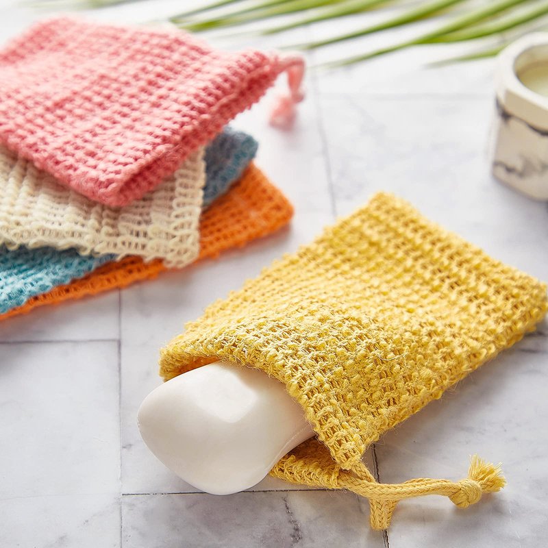 BBTO 5 Pieces Soap Saver Bag Cotton Linen Exfoliating Soap Pouch for Foaming and Drying, Shower, Scrubber(9 x 14 cm,White, Pink, Blue, Yellow, Orange)