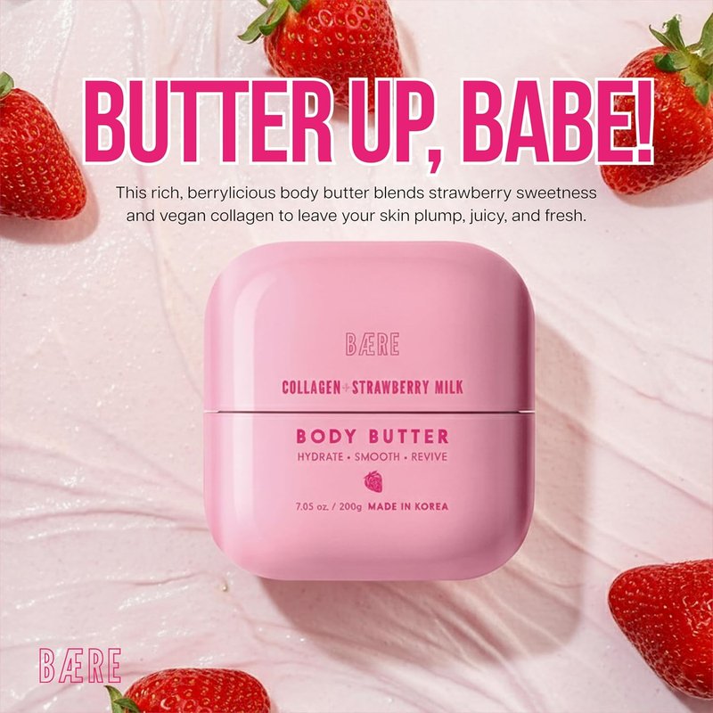Skiennix Collagen Body Butter - Anti-Aging Strawberry Milk Formula for Soft, Dewy Skin - 7 Fl Oz