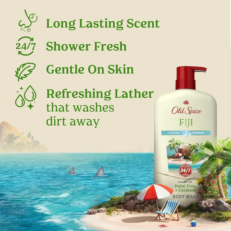 Old Spice Body Wash for Men - 24/7 Fresh Cleanse with Vitamin B3 | Fiji Coconut Scent, 25 oz (Pack of 4)