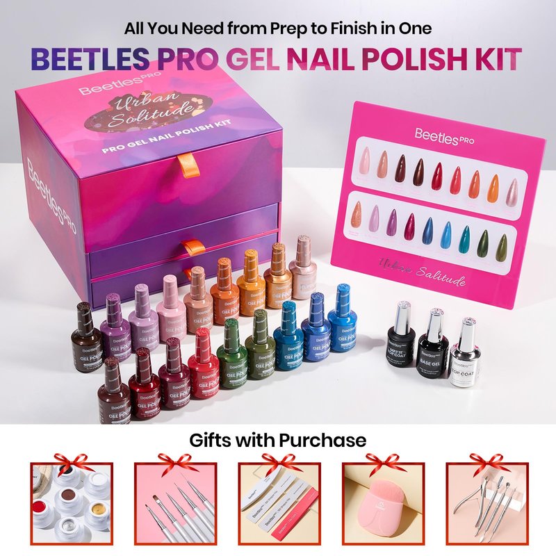 Beetles PRO Gel Polish Set – Urban Solitude Collection, 18 Colors 15ml Full Size Salon Nails Kit with Base Coat, Glossy & Matte Top Coats, 6 Painting Gel For Nails & Tools, UV Nail Lamp Cure Needed