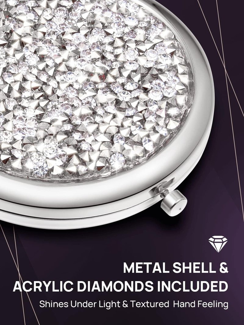 OMIRO 1X/10X Magnifying Compact Mirror, Mini Mix Diamond Metal Pocket Makeup Mirror (Silver)