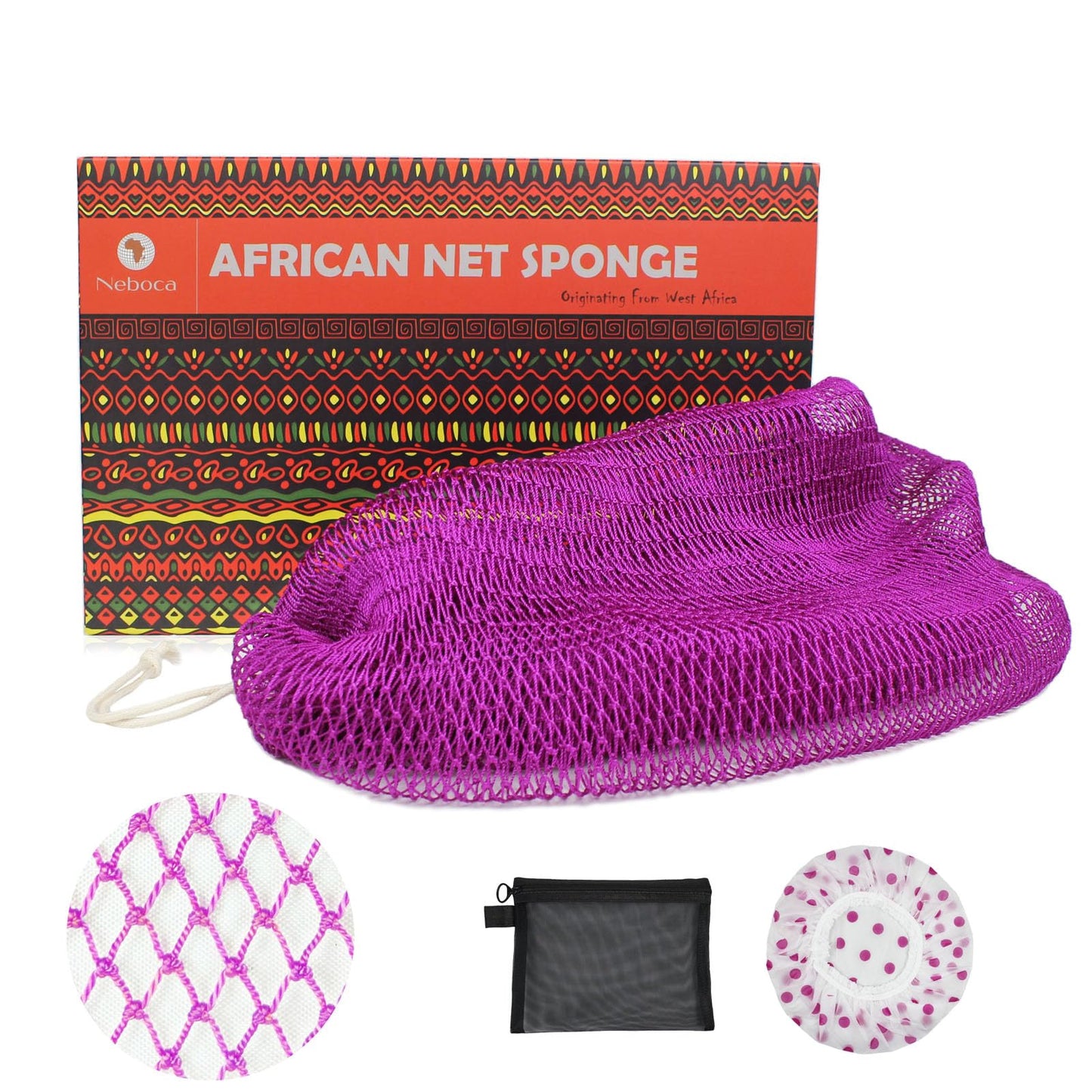 NEBOCA African Net Sponge Authentic African Exfoliating Net Sponge with Knots Real Sapo Sponge with Handles Afro Scrub Net Bath Cloth for Shower (Purple)