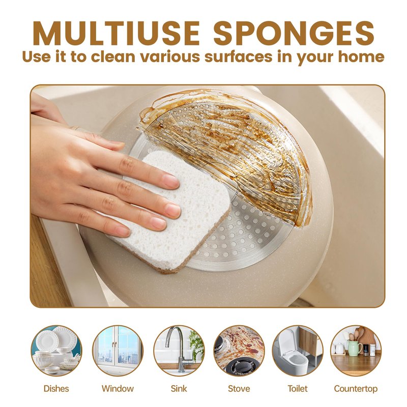 Silkyhose 6pcs Scrub Sponges with Suction Cup Hook, Natural Kitchen Sponge, Biodegradable Compostable Cellulose and Coconut Non-Scratch Sponges, Cleaning Sponges for Dishes