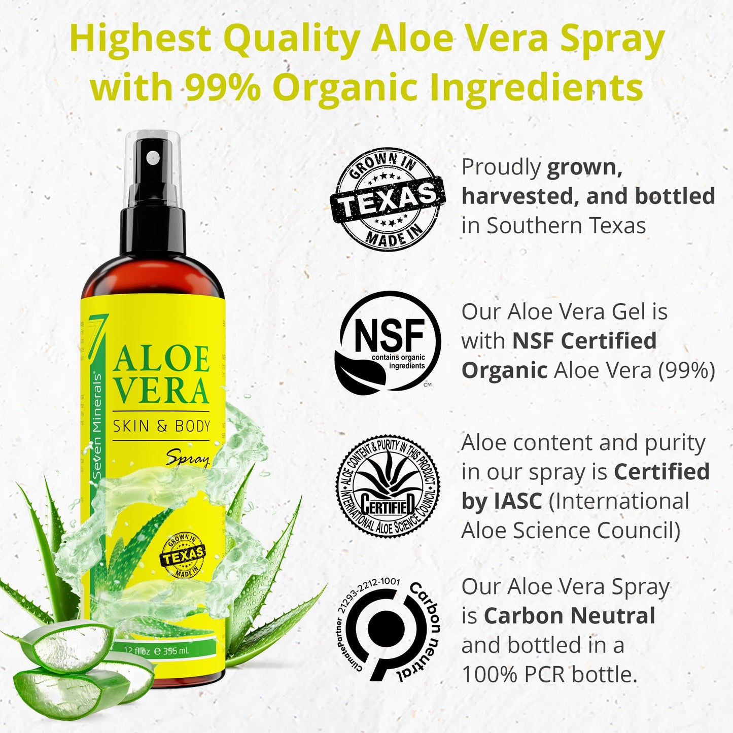 Seven Minerals, Aloe Vera Spray for Body & Hair - From Freshly Cut Organic Aloe (99%), Extra Strong, Easy to Apply, No Thickeners So It Absorbs Rapidly, No Sticky Residue - Made in USA (12 fl oz)