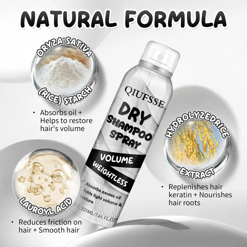 QIUFSSE Dry Shampoo Spray,Volumizing Dry Shampoo for Women & Men,Absorbs Excess Oil,Instant Refresh Hair,Contains Rice Starch,Replenishes Hair Keratin,Nourishes Hair Roots,7.61 oz