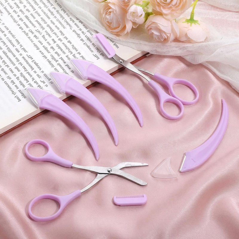 6 PCS Eyebrow Trimmer Scissor, 2 in 1 Eyebrow Scissors with Comb, Stainless Steel Eyebrows Trimmer, Professional Eyebrows Cutter Hair Removal EyebrowScissors with Razor for Men Women (Purple)