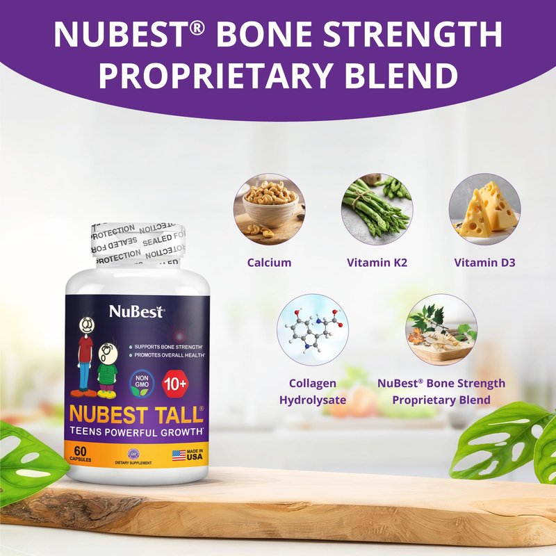 NuBest Tall 10+ Premium Bone Strength Formula, Enhanced Immunity and Overall Health for Age 10+ with Calcium, Vitamin D3, Vitamin K2, and Multivitamins | 60 Capsules | 1 Month Supply