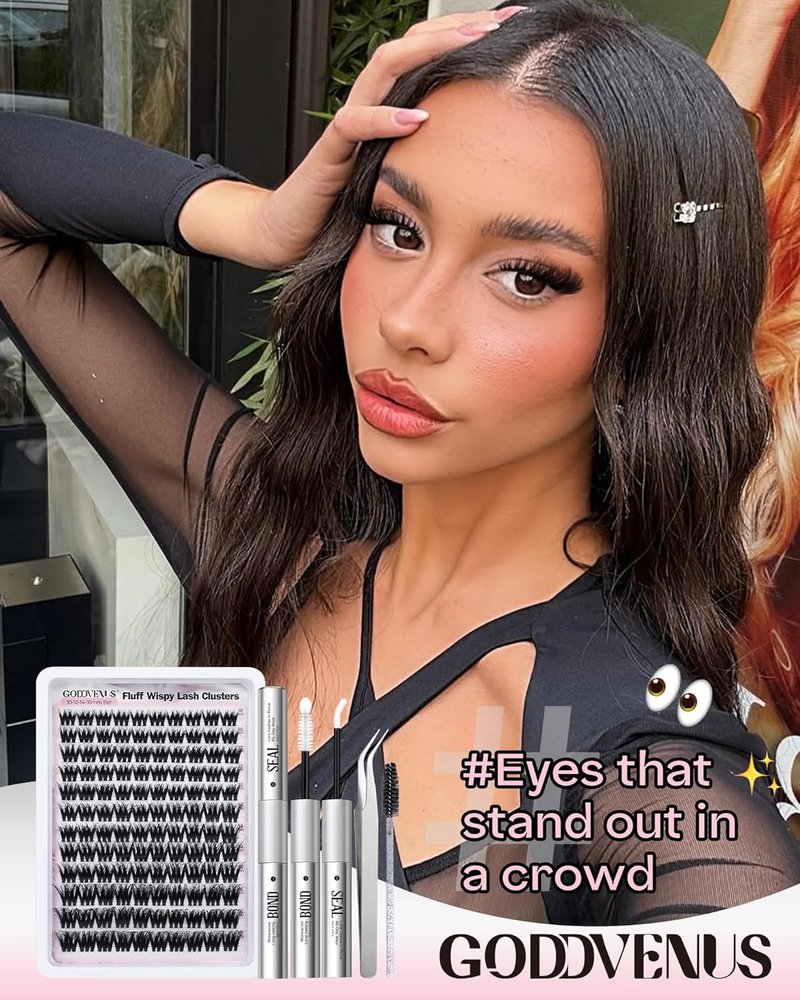 Goddvenus D Curl Fluffy Lash Clusters Kit – 144 PCS Thick Eyelashes Clusters, 10-18mm Wispy Lash Extension Natural Look, Waterproof Cluster Eyelash Extensions Kit for DIY False Eyelashes at Home