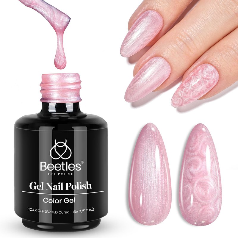 Beetles Pearl Pink Gel Nail Polish – Soft Afternoon Mermaid Gel Polish, 15ml Thread Effect Pink Nails Swirl Shell UV LED Soak Off Gel Manicure