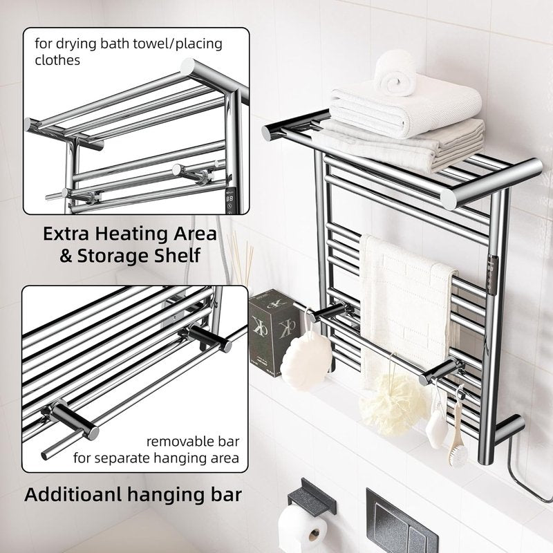 Heated Towel Warmer Rack - Wall Mounted Bathroom Towel Warmer with Top Shelf | 19.69" x 19.69" - Polished Finish