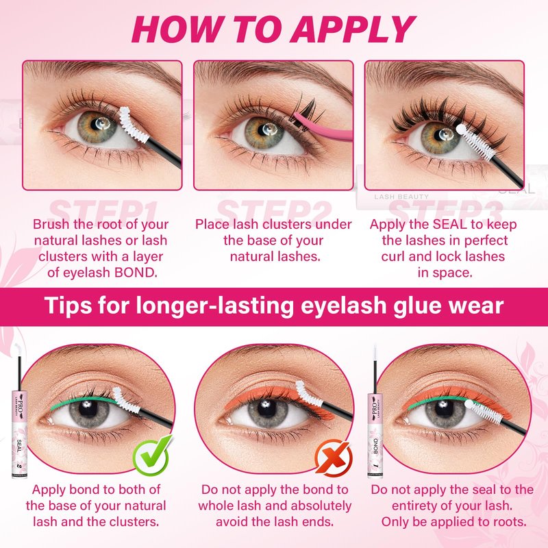 PROLASHBEAUTY Lash Cluster Glue Clear Lash Glue Lash Bond and Seal for Eyelash Clusters 2-3S Fast Drying Waterproof Strong Hold 72H+ Eyelash Glue (10ml, Clear Bond & Clear Seal)