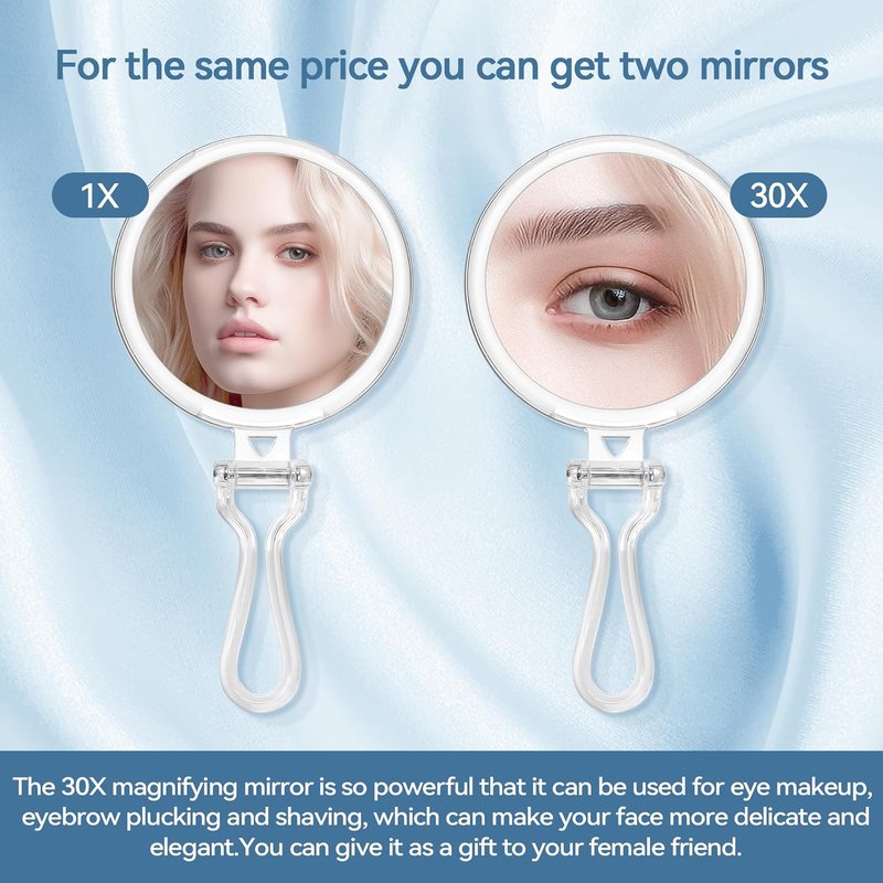 30X Magnifying Travel Mirror - Double-Sided 1X/30X Makeup Hand Mirror | 5 Inches with Handle