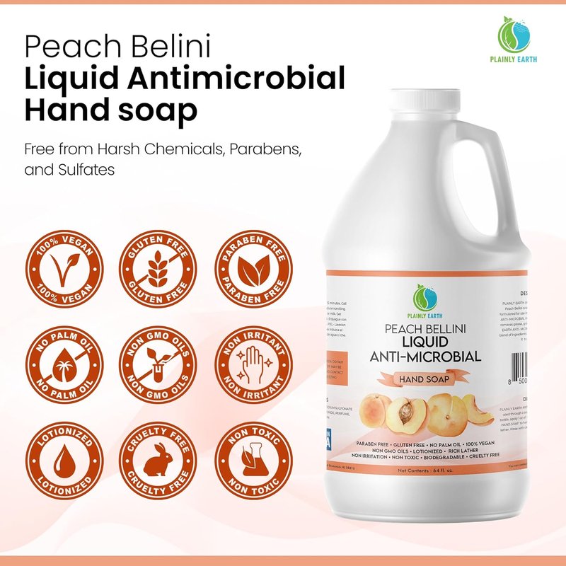 Antimicrobial Hand Soap - Gentle, Scented Moisturizing Formula | 64 oz Peach Bellini Refill for Kitchen & Bathroom
