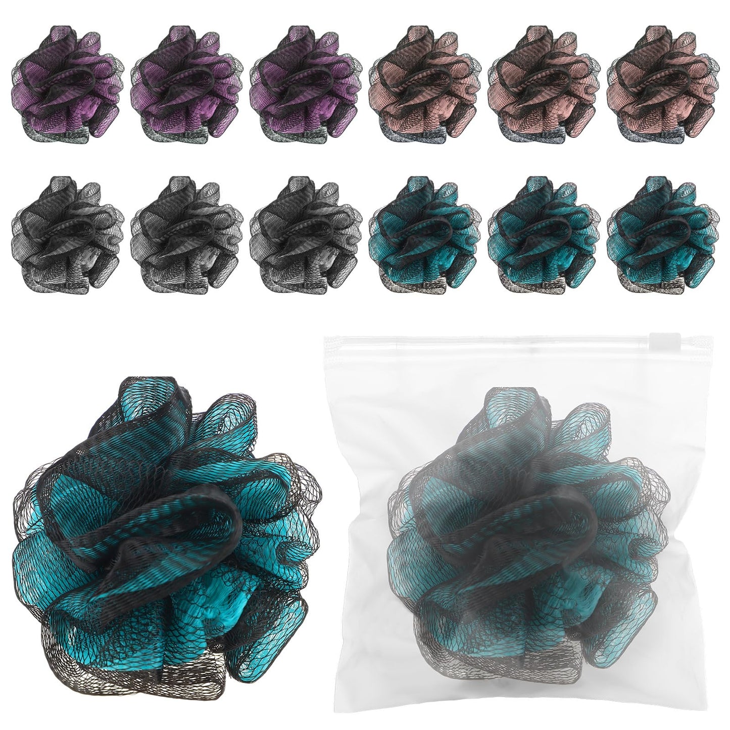 Funnymoom 12 Pcs Travel Size Loofah Individually Wrapped, Small Shower Puff Bath Sponge Pouf Ball Bulk Mesh Bath Puff Mini Loofah Sponge with Case Bulk for Shower Care (25g,Fantasy)