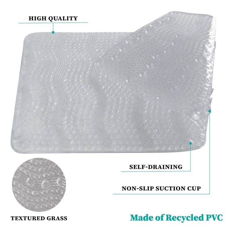 Bath Bliss PVC Bath Mat | Dimensions: 27.9"x 15.7" | Textured Grass Design | Non-Slip | Self Draining | Bathtub Accessories | Clear