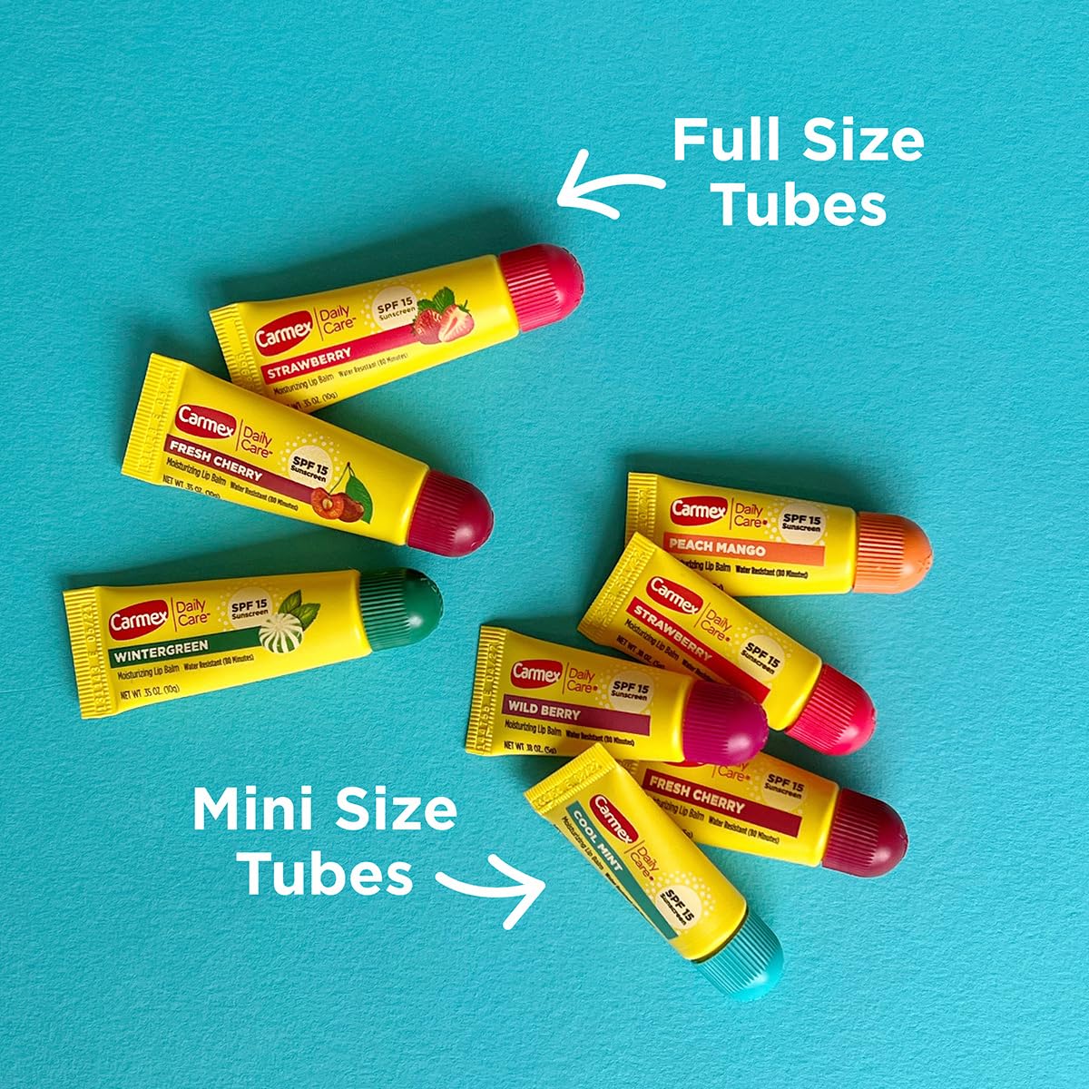 Carmex Daily Care and Daily Care Minis Moisturizing Lip Balm Pack, SPF 15, Multi-Flavor Lip Care Variety Pack Bag, 8 Count (3 Tubes, 5 Mini Tubes)